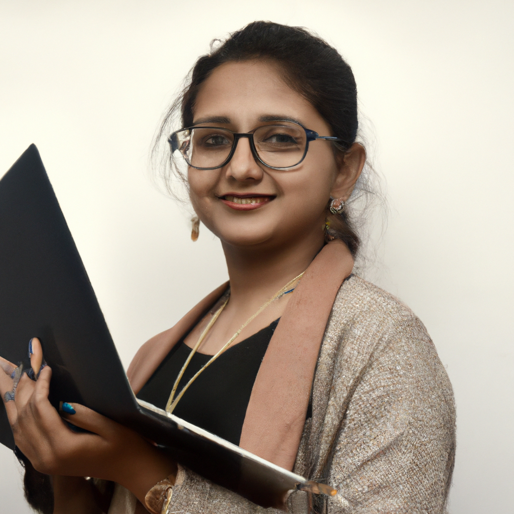 Portrait of a story editor holding a notebook, smiling, with subtle studio light and a neutral background