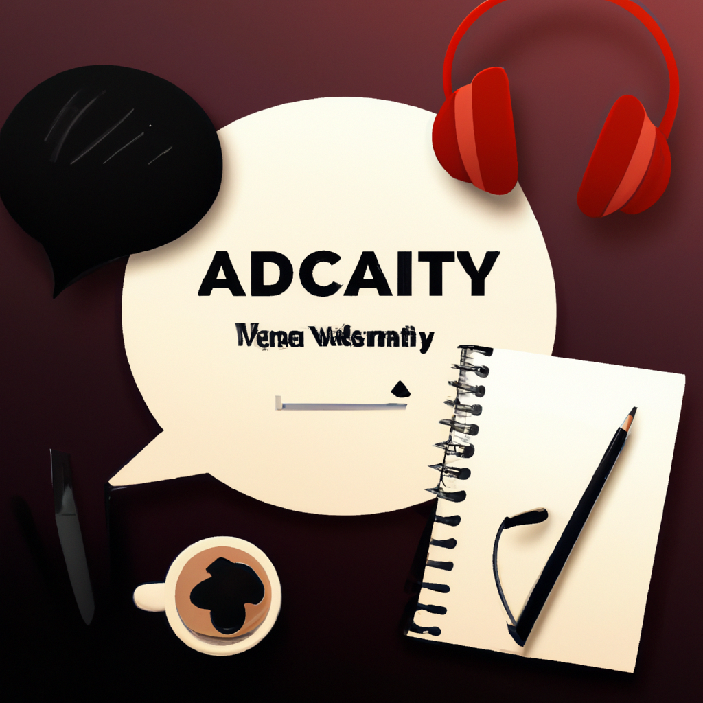 Writer desk with notebook, headphones, and chat bubble icon