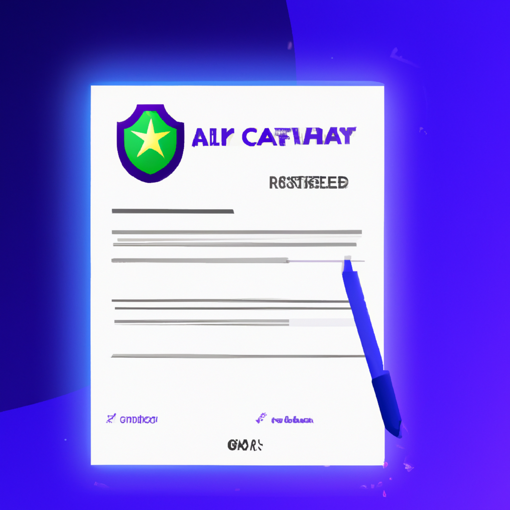 Illustration of a contract checklist and a security shield in blue/purple lighting