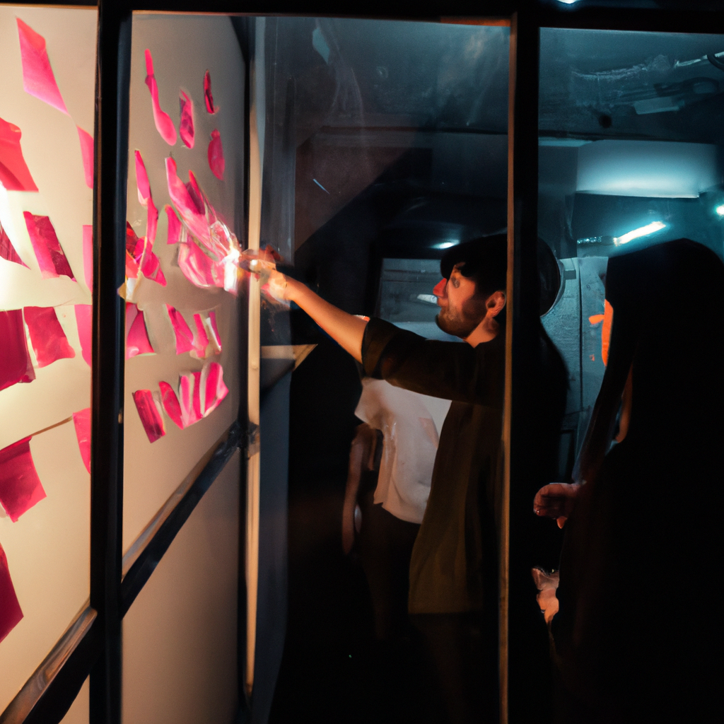 Team in a warm modern studio storyboarding on a glass wall with sticky notes and soft cinematic light